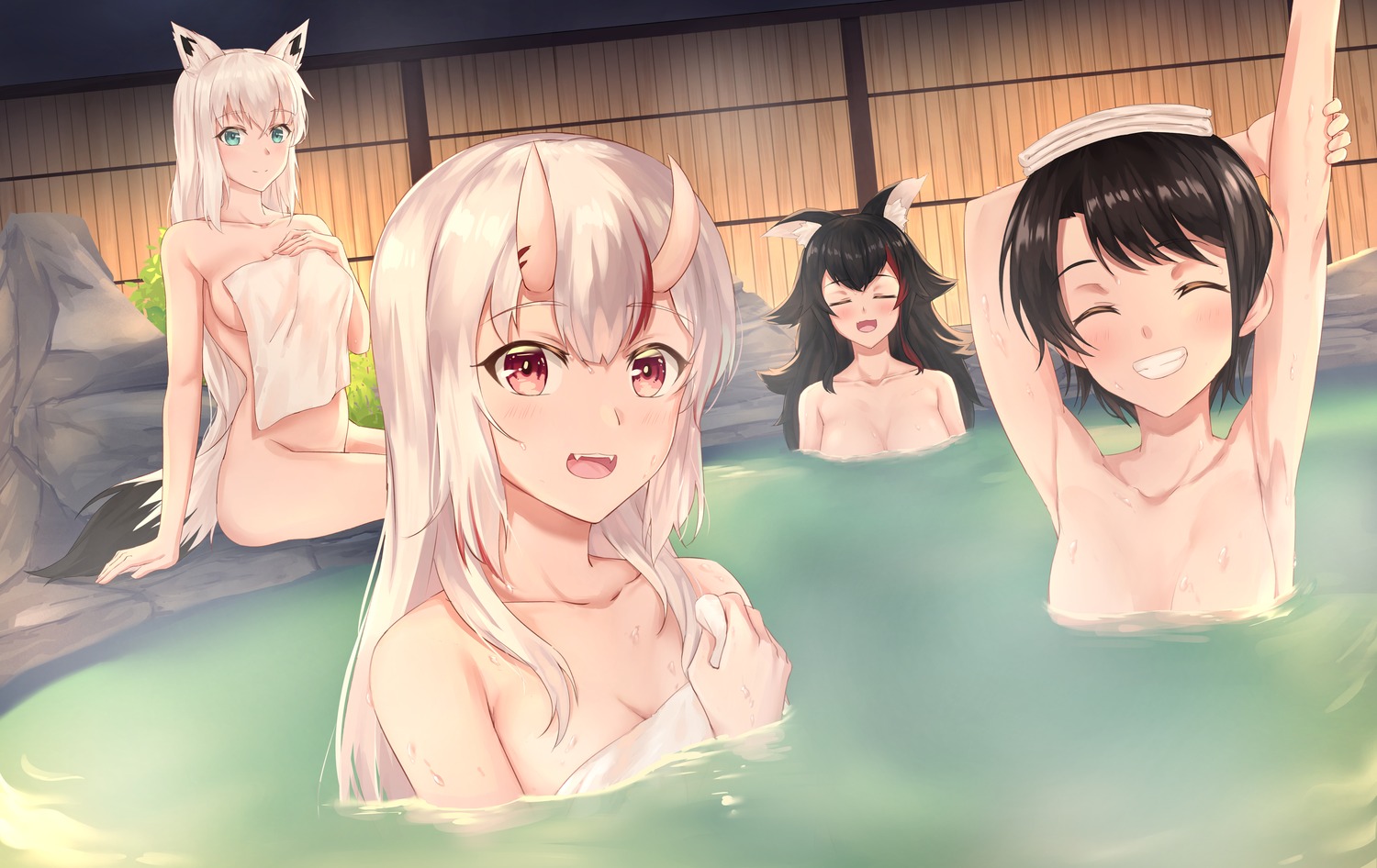 animal_ears bathing hololive hololive_gamers kitsune maki_(pixiv9288678) naked nakiri_ayame onsen ookami_mio oozora_subaru shirakami_fubuki tail topless towel wet