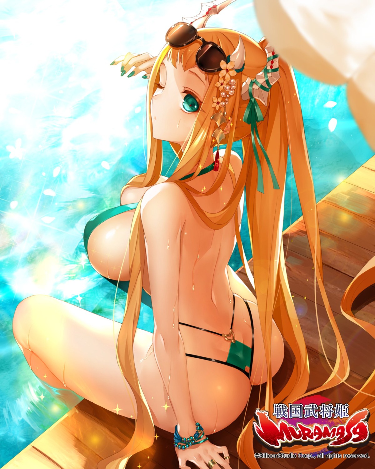 apt ass cleavage horns megane sengoku_bushouki_muramasa shibata_katsuie sling_bikini swimsuits tan_lines wet