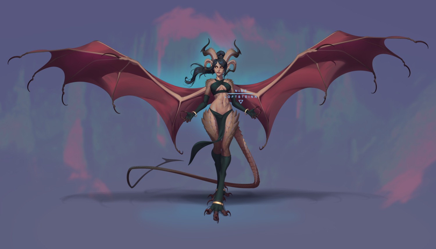 devil horns monster_girl nise_loftsteinn no_bra pointy_ears tail wings