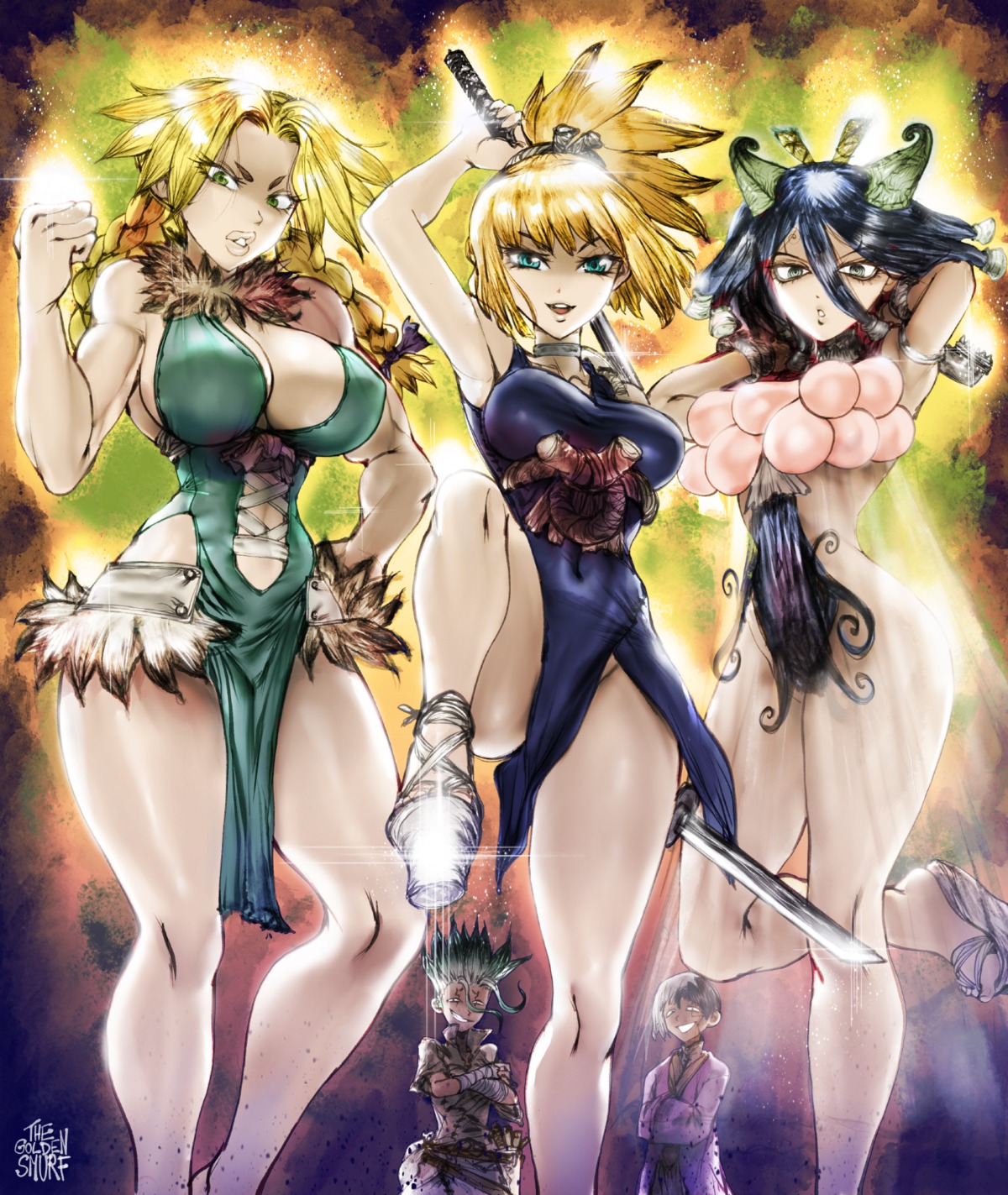 bottomless dr._stone dress erect_nipples hanada_niki horns kirisame_(dr._stone) kohaku_(dr._stone) no_bra sword thegoldensmurf