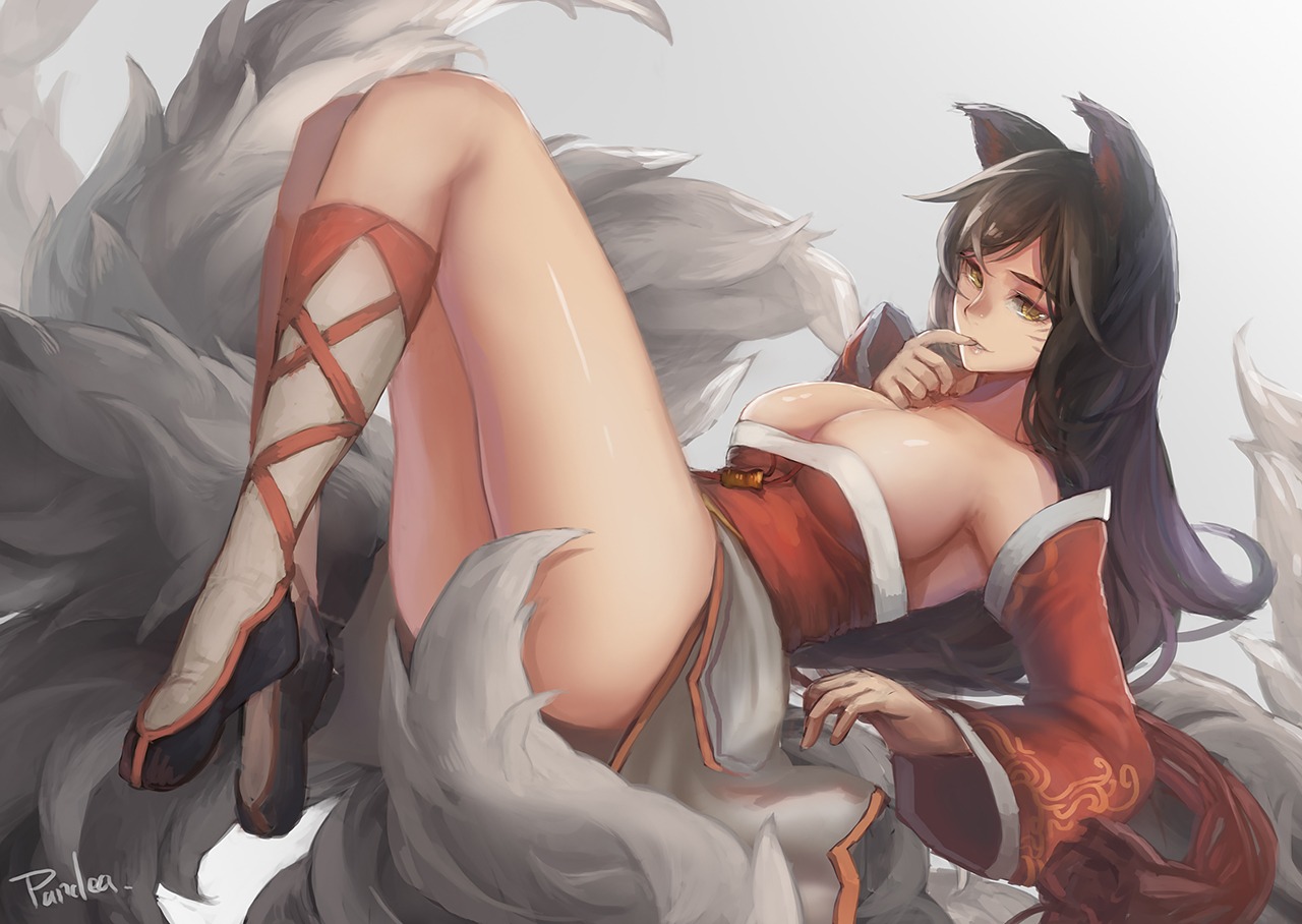 ahri animal_ears cleavage kitsune league_of_legends sky_of_morika tail