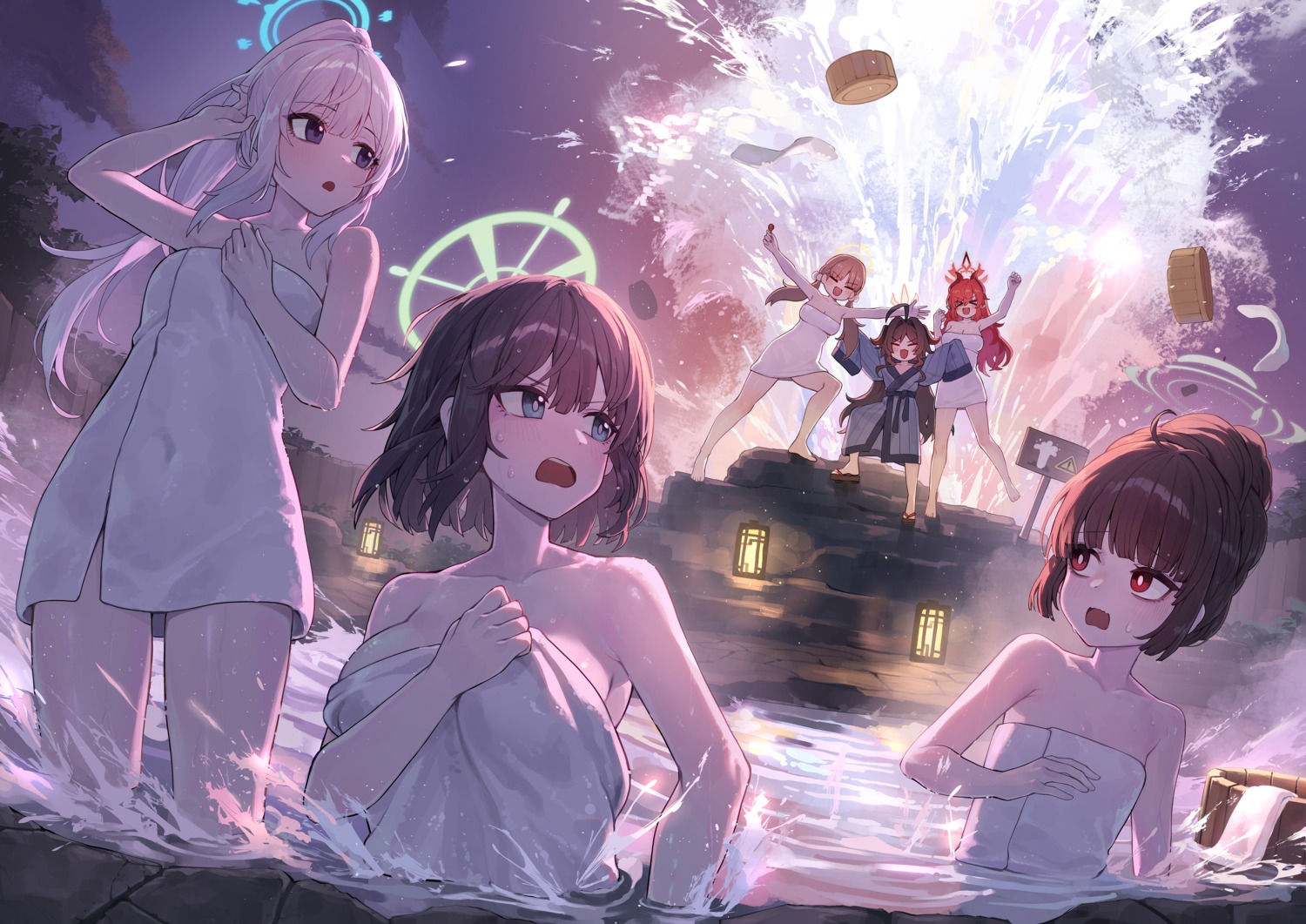 bathing blue_archive breast_hold halo horns kasumizawa_miyu kazekura_moe kinugawa_kasumi kokukyukeo loli onsen pointy_ears shimokura_megu sorai_saki towel tsukiyuki_miyako wet yukata