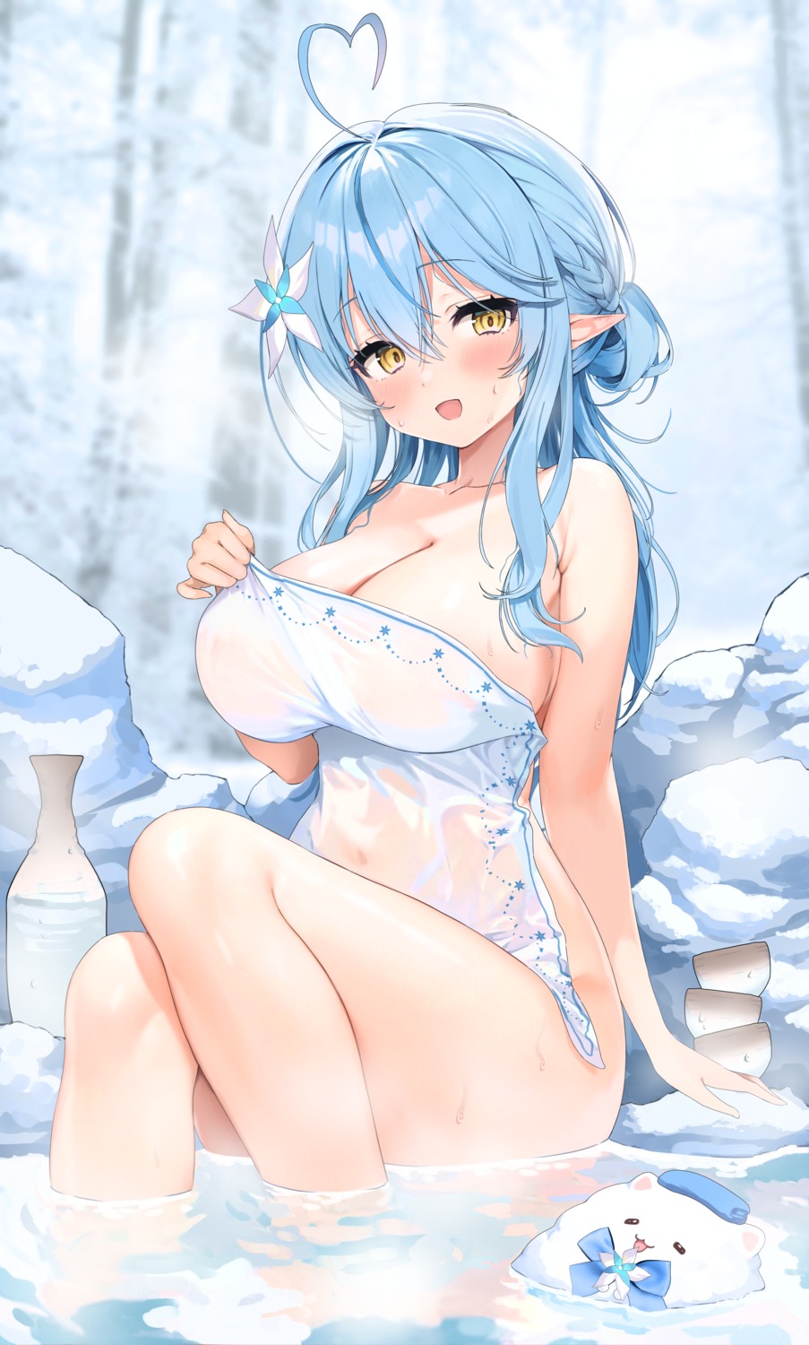 elf hololive naked nikuya_(nikuniku_nikuya) onsen pointy_ears towel wet yukihana_lamy