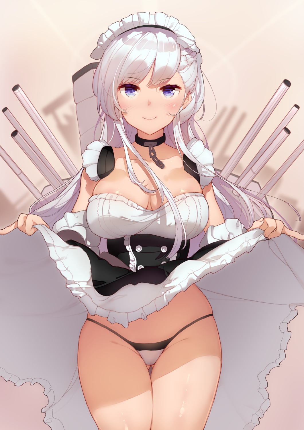 areola azur_lane belfast_(azur_lane) kimoshi maid no_bra pantsu skirt_lift thong wardrobe_malfunction