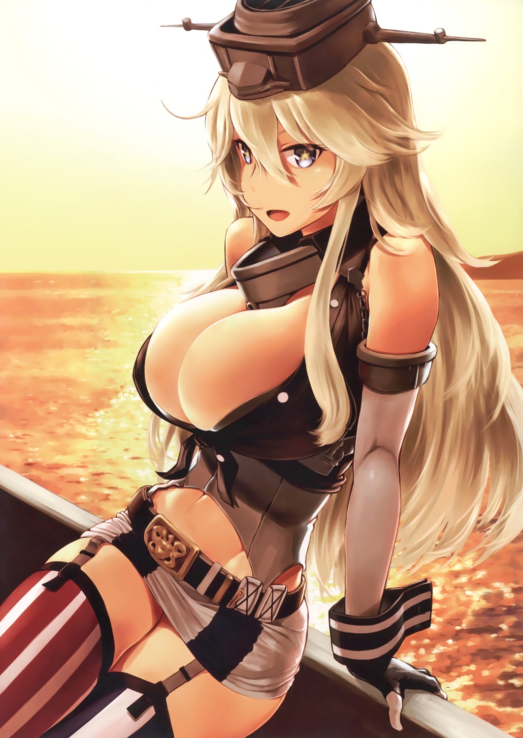 cleavage iowa_(kancolle) kantai_collection no_bra open_shirt stockings thighhighs wa_(genryusui)