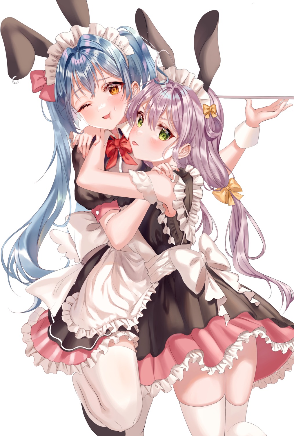 aina_156cm animal_ears bunny_ears maid skirt_lift thighhighs waitress yuri