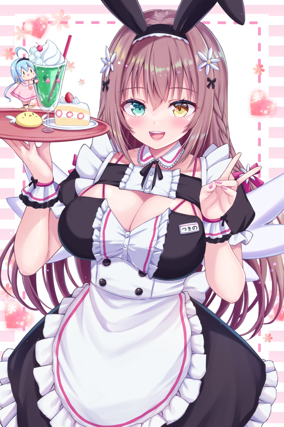 animal_ears bunny_ears chibi heterochromia maid no_bra tenzeru waitress wings