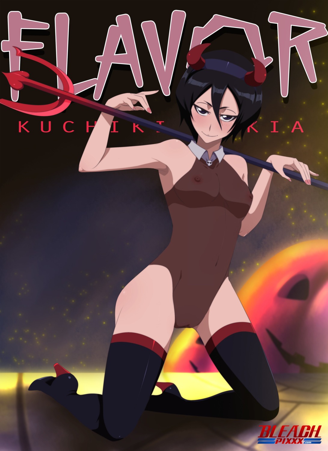 bleach halloween heels horns kuchiki_rukia leotard nipples no_bra see_through tagme thighhighs weapon