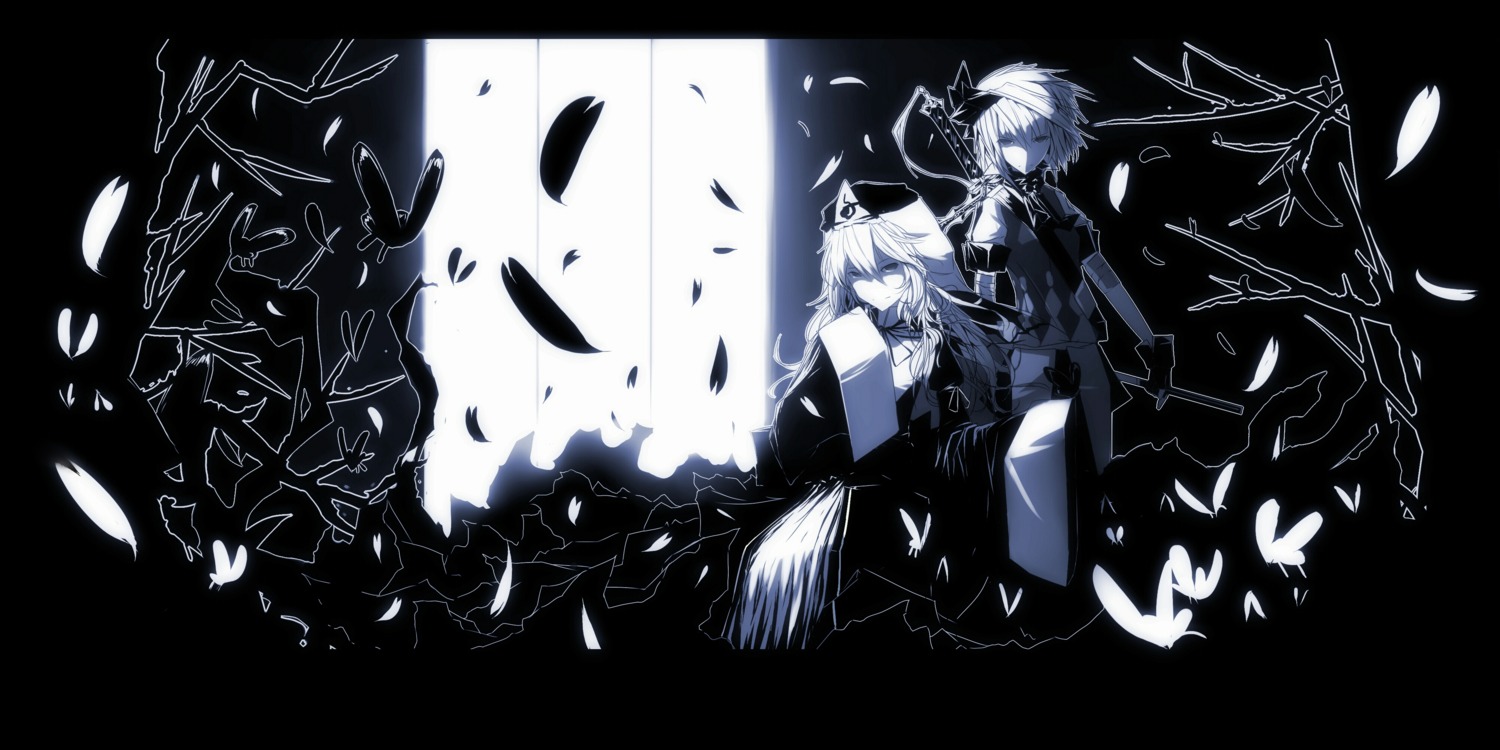 konpaku_youmu monochrome saigyouji_yuyuko sword tan_(artist) touhou