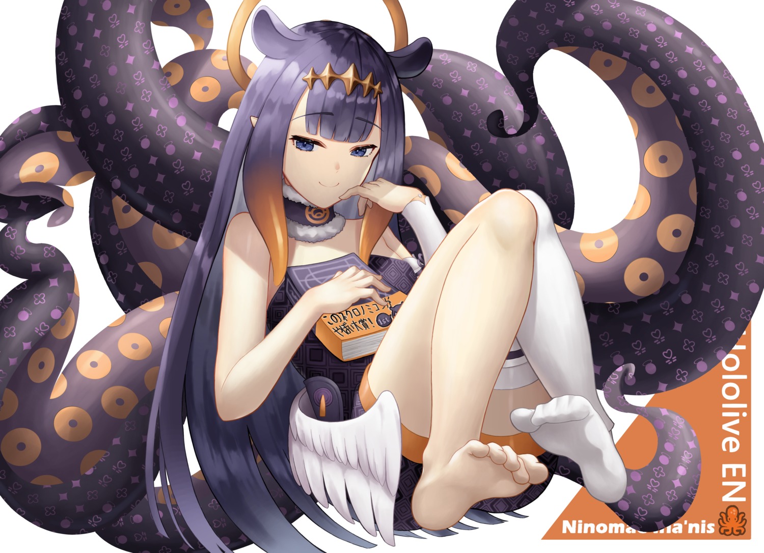 angel dress feet hololive hololive_english ninomae_ina'nis no_bra pointy_ears roina_(effj7473) tentacles thighhighs wings