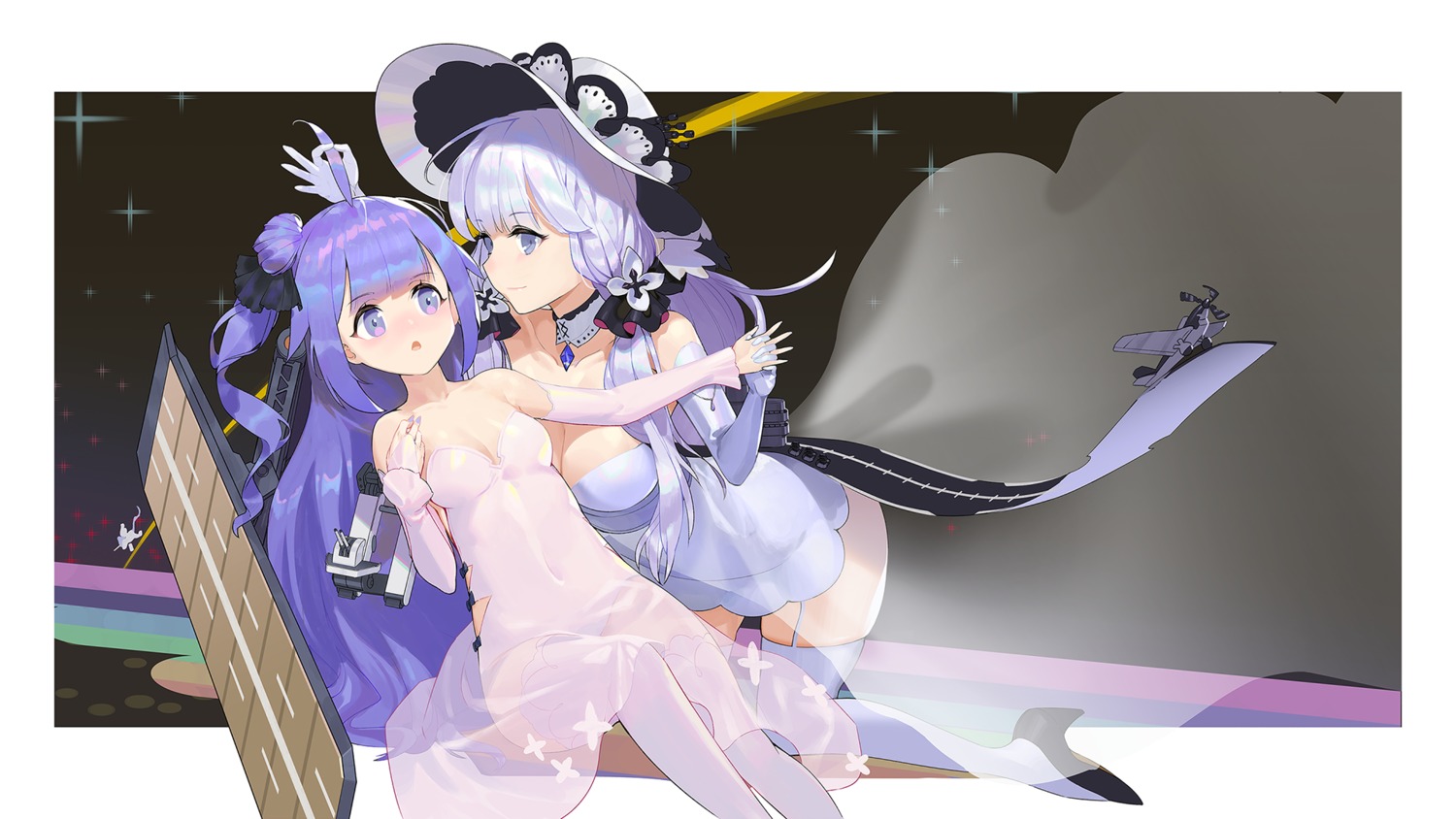 azur_lane cleavage dress illustrious_(azur_lane) kyma_curry see_through stockings thighhighs unicorn_(azur_lane) yuri