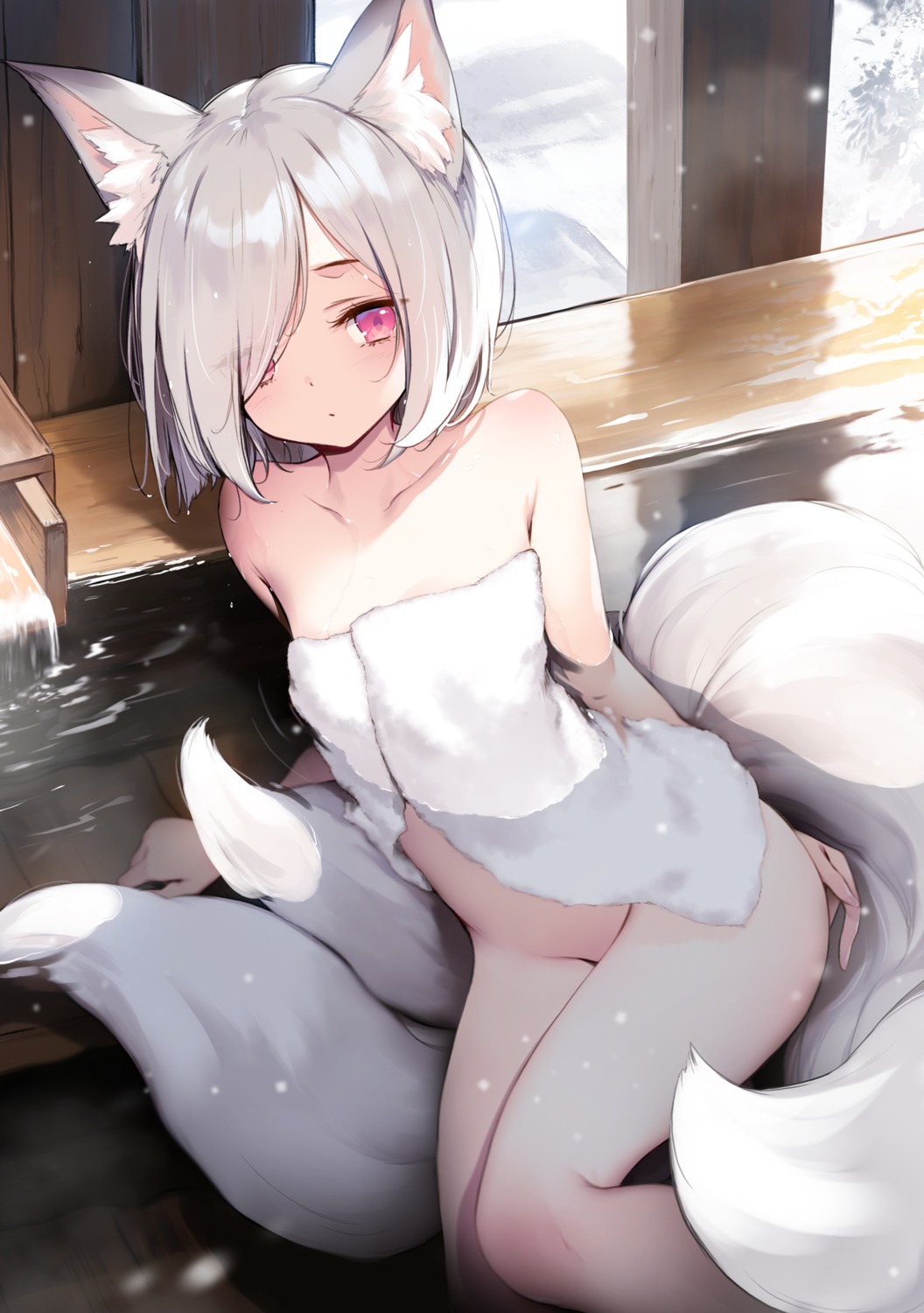 animal_ears bathing ke-ta kitsune loli onsen tail towel wet