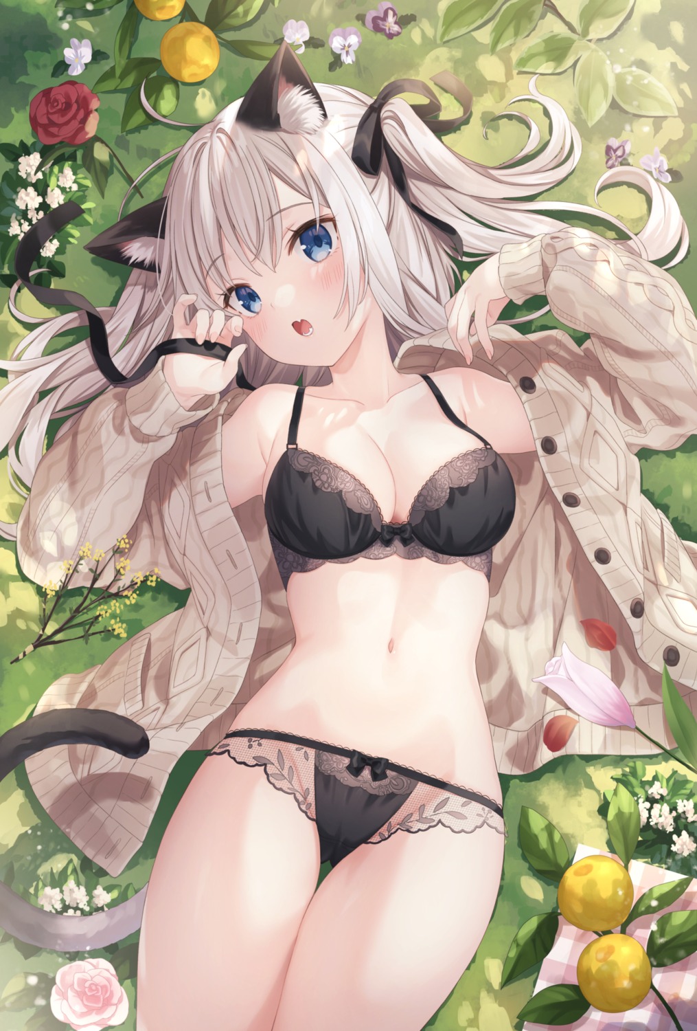 animal_ears bra cleavage jimmy nekomimi open_shirt pantsu sweater tail