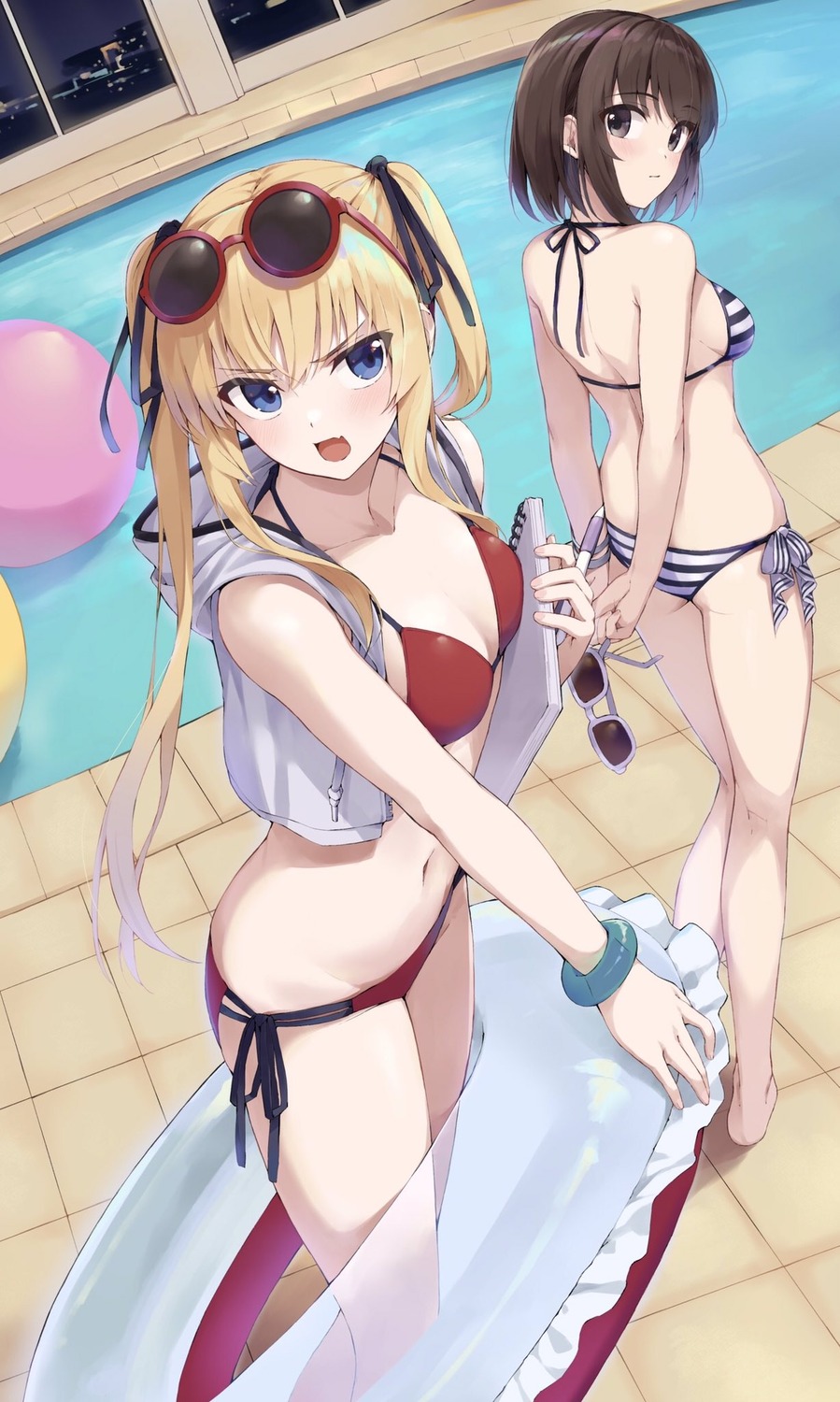 ass bikini katou_megumi marie_(pixiv31942978) megane open_shirt saenai_heroine_no_sodatekata sawamura_spencer_eriri swimsuits