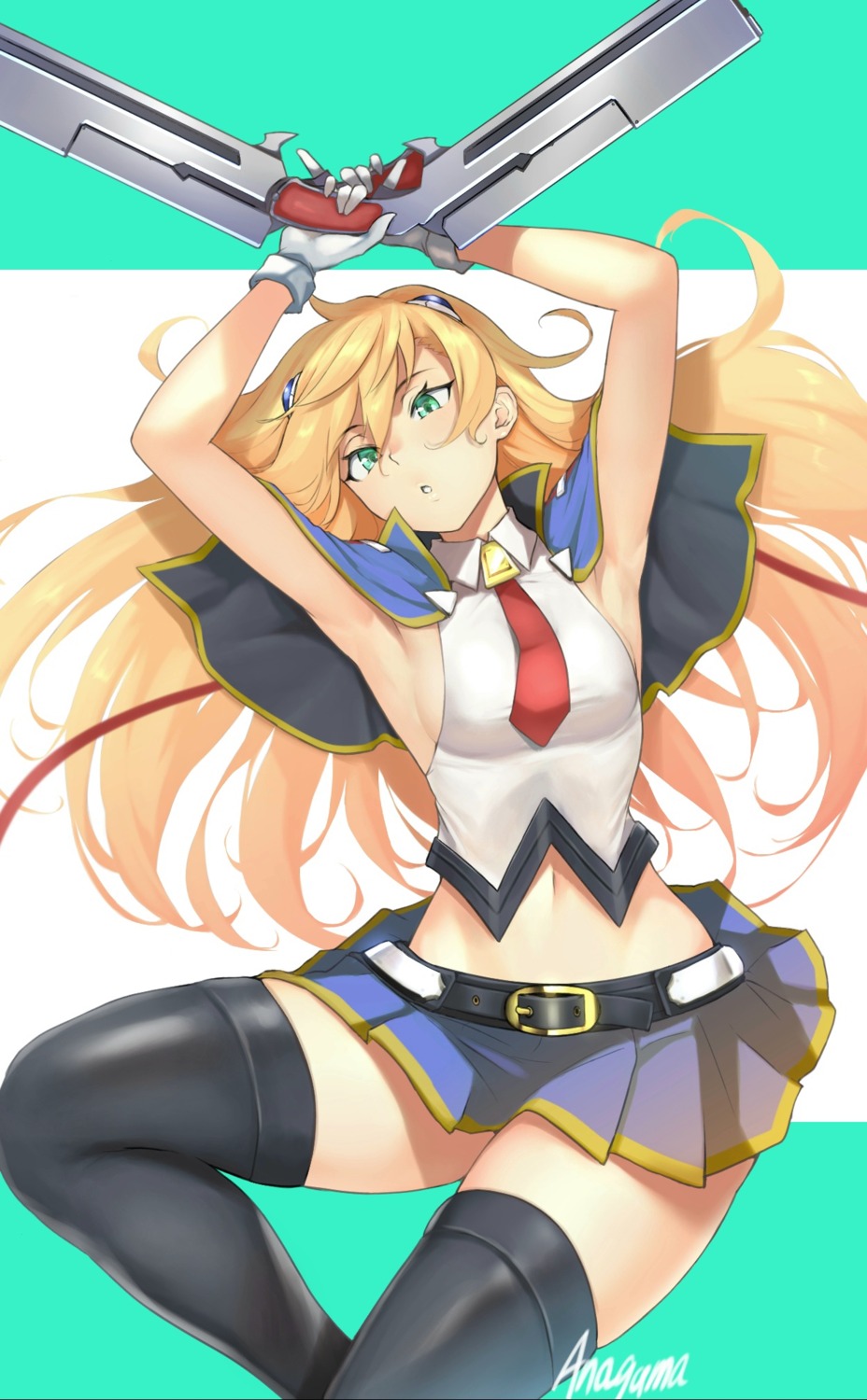 anagumasan blazblue gun no_bra noel_vermillion skirt_lift thighhighs