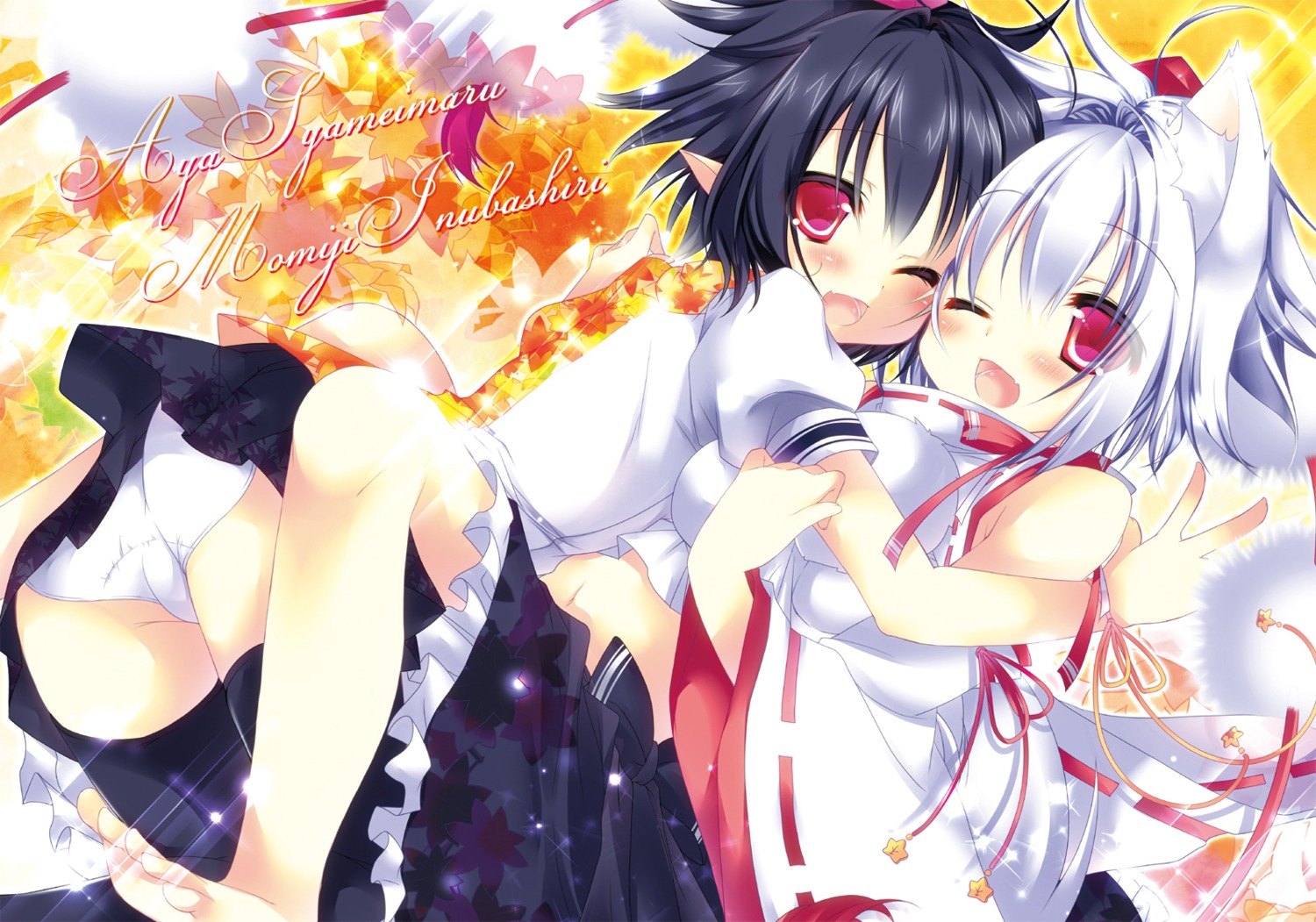 animal_ears feet hikanyan inubashiri_momiji pantsu shameimaru_aya thighhighs touhou