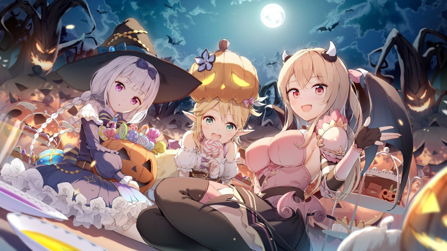 dress halloween horns manasis_refrain nijihashi_sora no_bra pointy_ears skirt_lift tail thighhighs wings witch