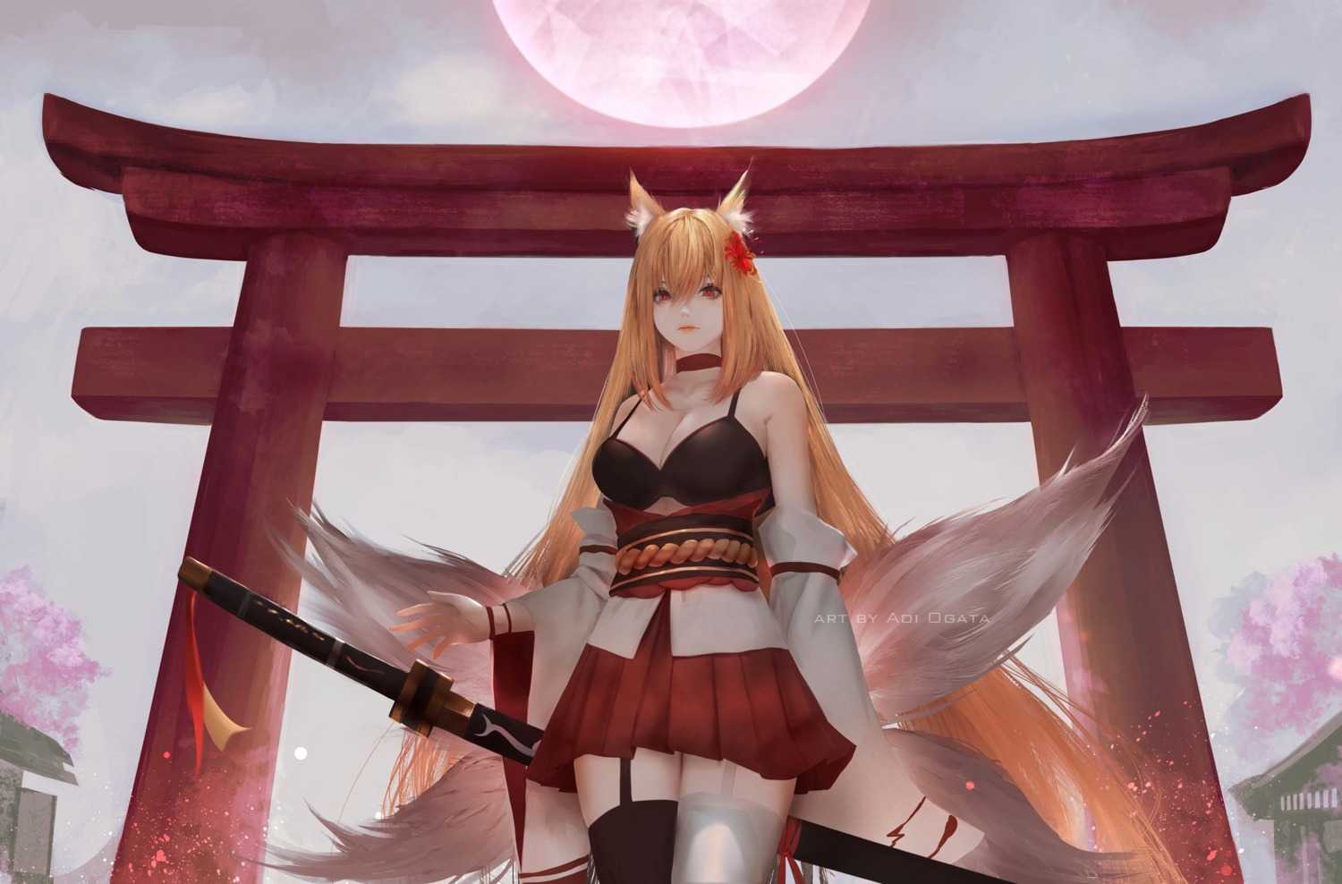 animal_ears aoi_ogata bra cleavage japanese_clothes kitsune stockings sword tail thighhighs