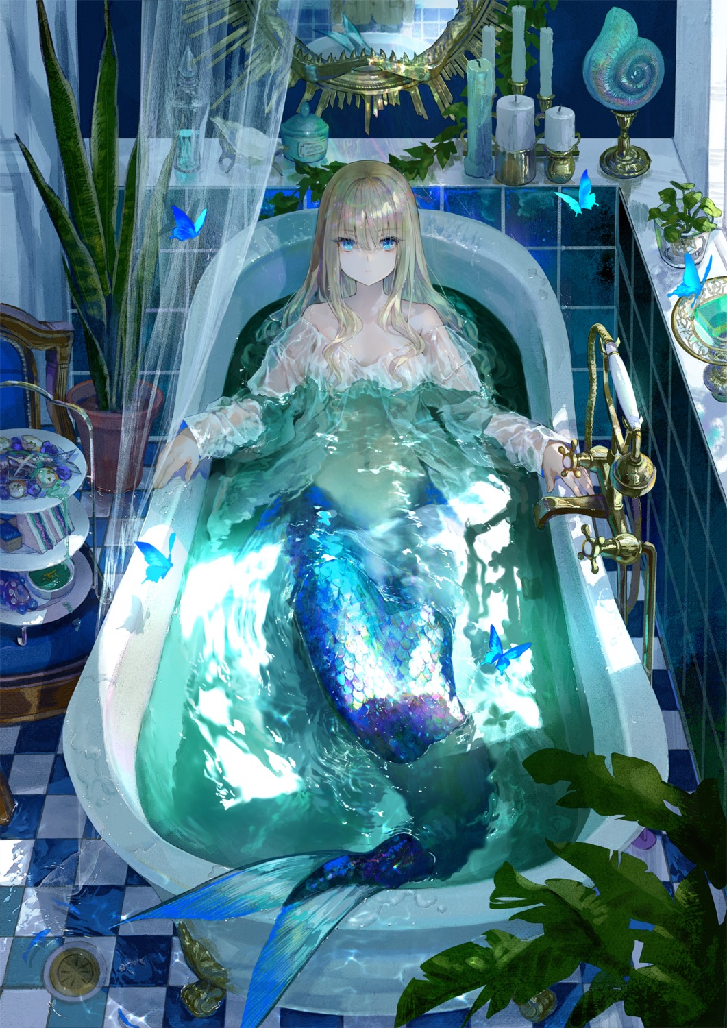 bathing fuzichoko mermaid monster_girl no_bra see_through tail wet wet_clothes