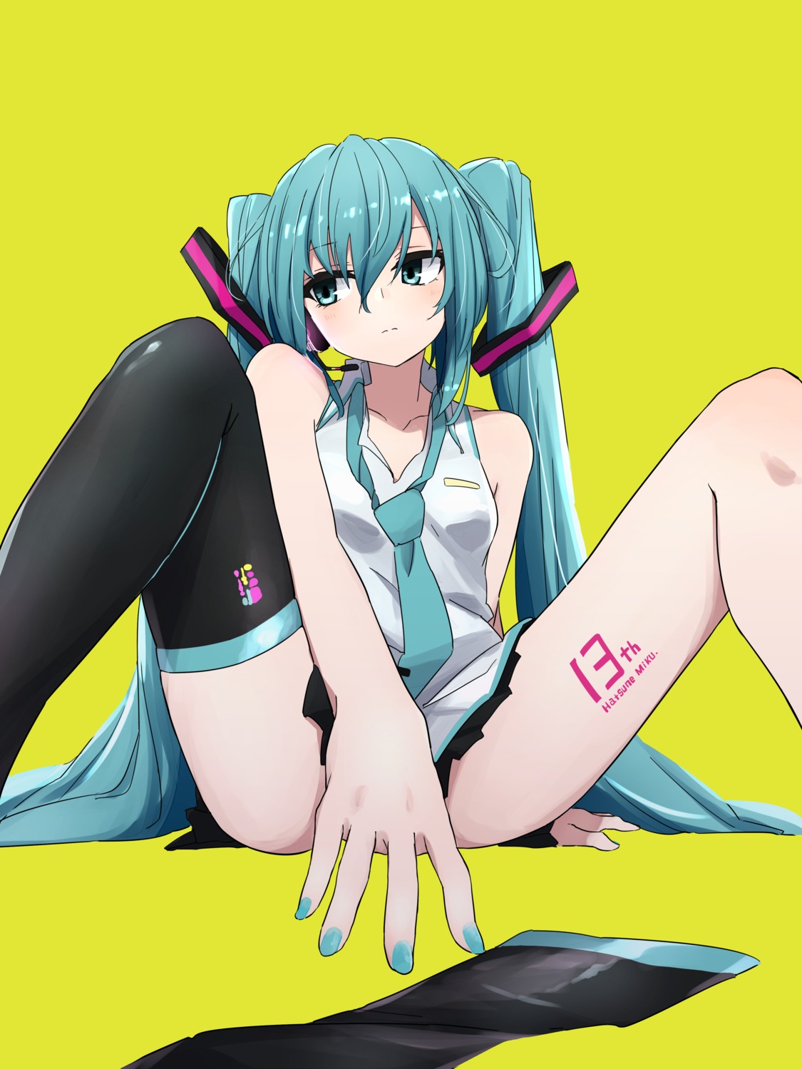 hatsune_miku headphones igo_miku skirt_lift tattoo thighhighs vocaloid