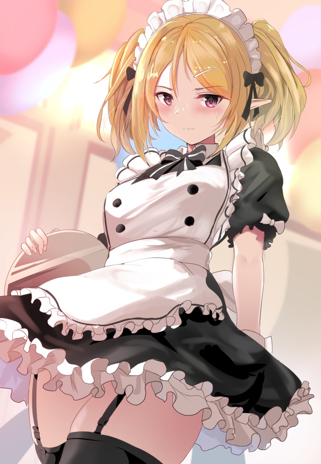 kuroe_hanako maid pointy_ears princess_connect! princess_connect!_re:dive skirt_lift stockings take_(trude1945oneetyan) thighhighs