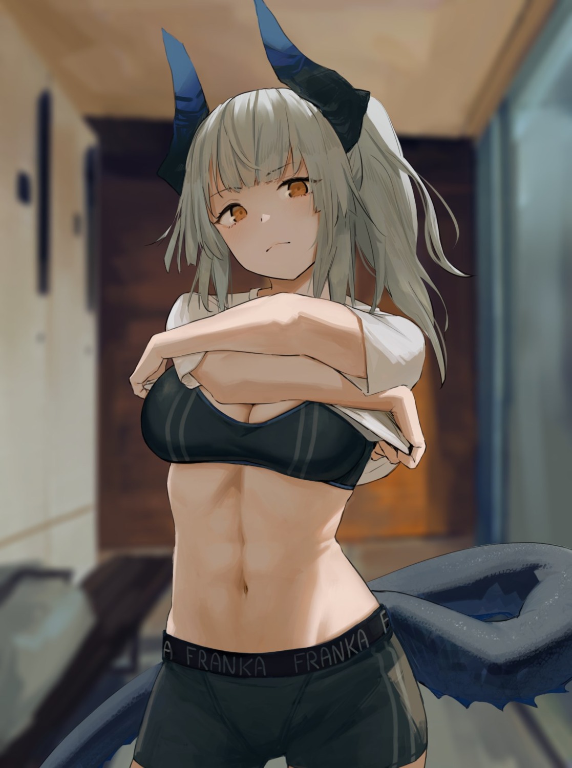 arknights bra cleavage gym_uniform horns liskarm_(arknights) noccu shirt_lift tail undressing