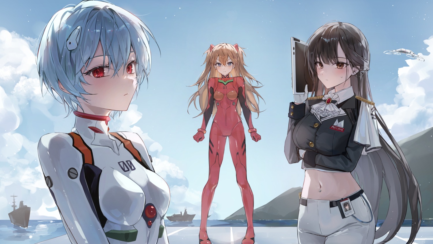 ayanami_rei bodysuit crossover ekina_(1217) goddess_of_victory:_nikke marciana neon_genesis_evangelion souryuu_asuka_langley uniform