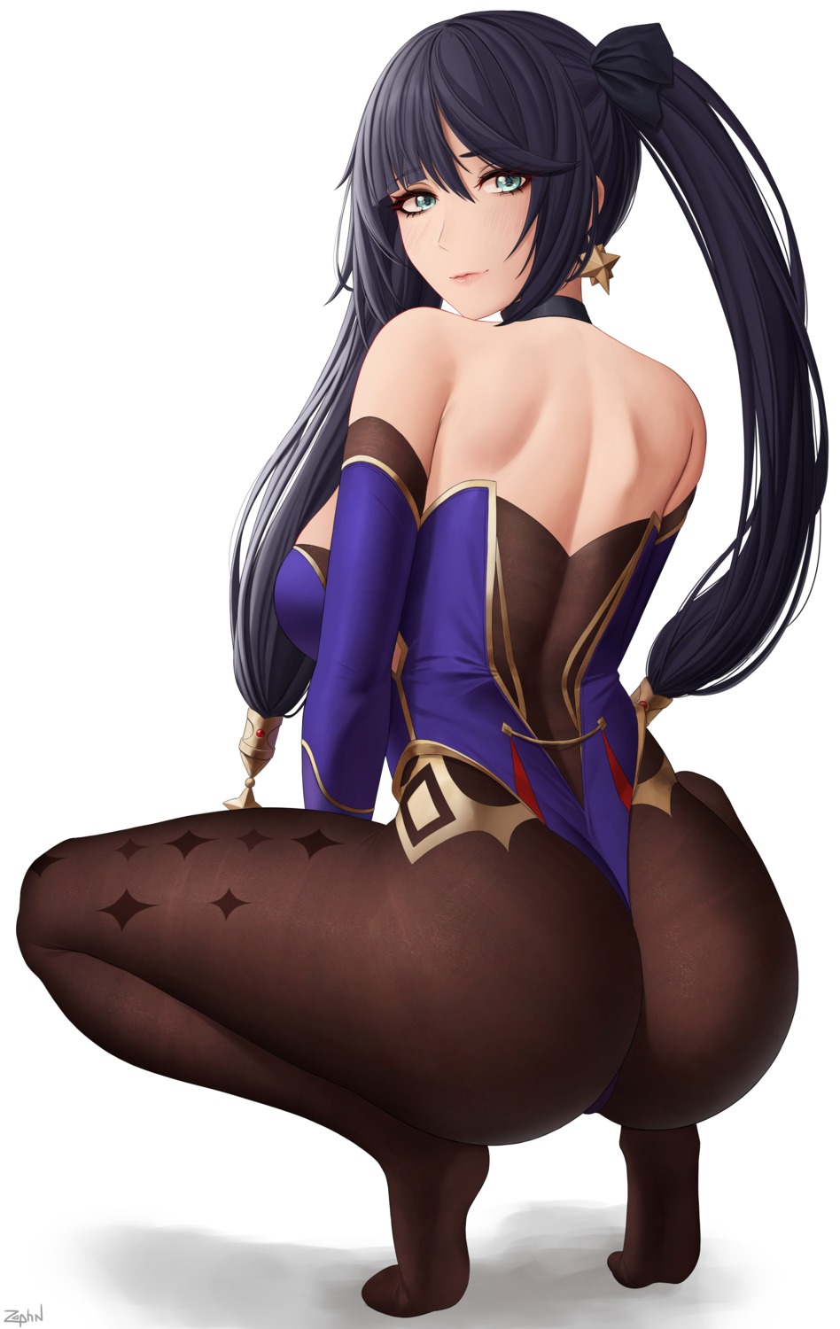 ass genshin_impact leotard mona_megistus no_bra official_watermark pantyhose zaphn