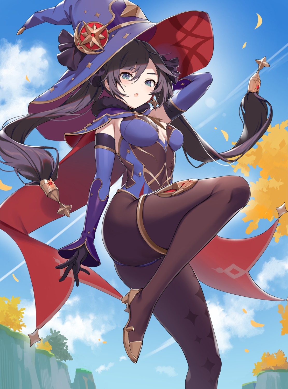 garter genshin_impact heels icomochi leotard mona_megistus no_bra pantyhose witch