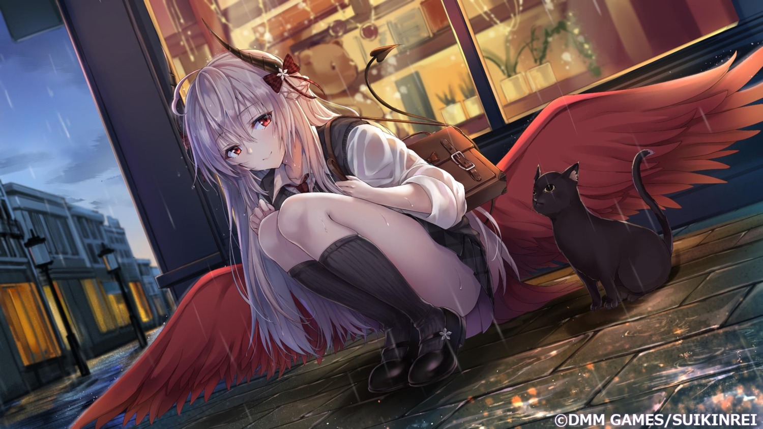 dmm_games heels horns jpeg_artifacts neko see_through seifuku skirt_lift tail villax wet wet_clothes wings witch's_weapon yuemanhuaikong