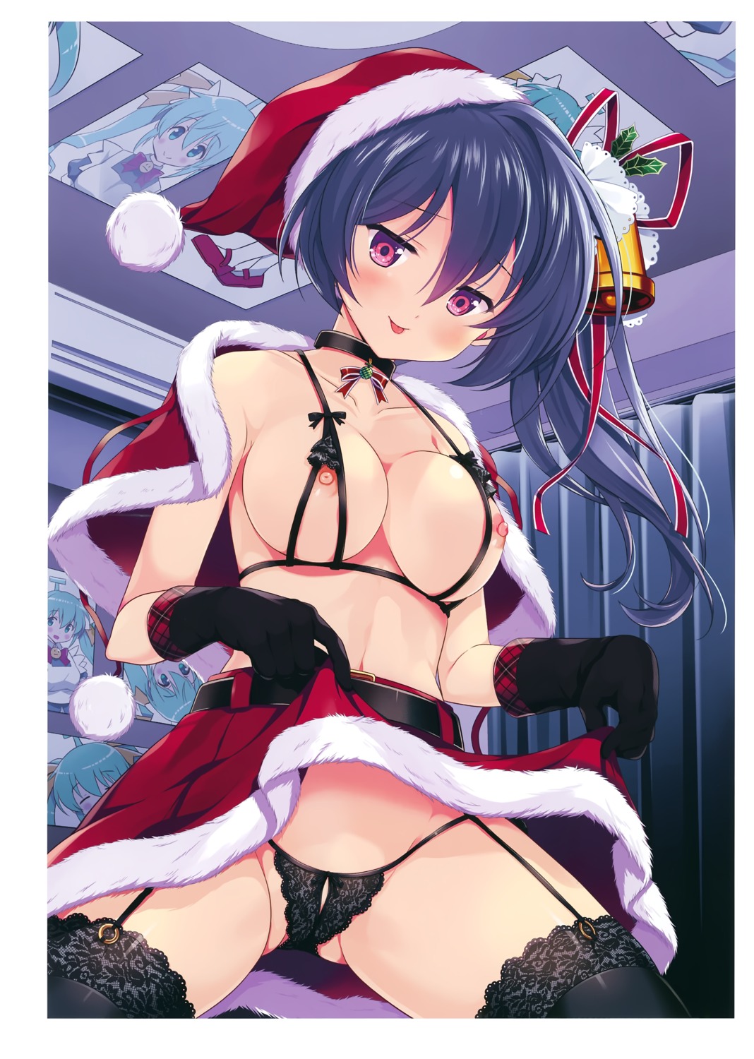 black_lemon-chan bra christmas lingerie melon-chan nipples odawara_hakone pantsu skirt_lift stockings thighhighs