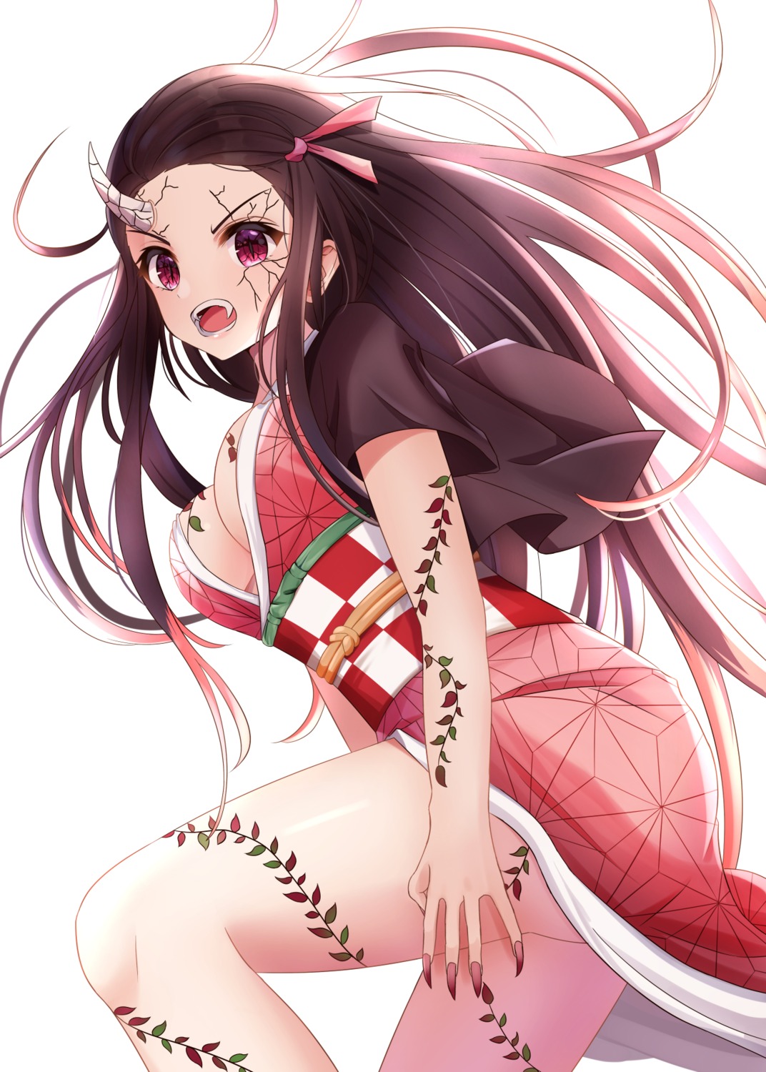 horns japanese_clothes kamado_nezuko kimetsu_no_yaiba no_bra open_shirt saki_(saki_paint) tattoo