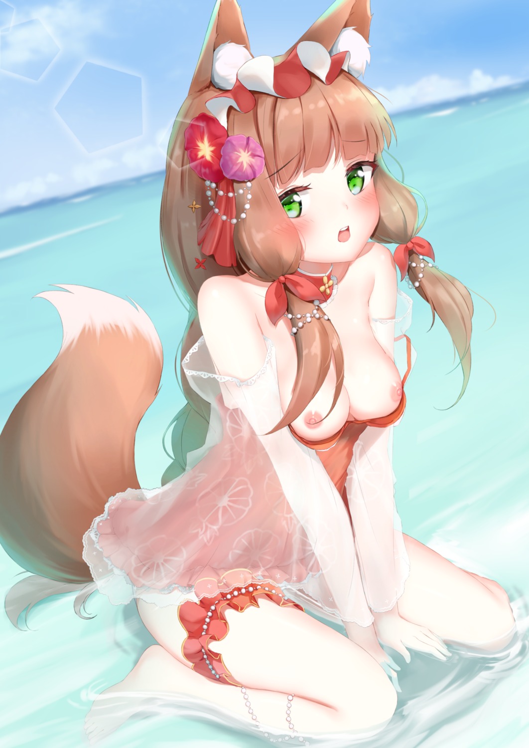animal_ears breasts garter himemiya_maho kitsune nipples princess_connect princess_connect!_re:dive see_through swimsuits tail wet white_clover_(unfy8472)