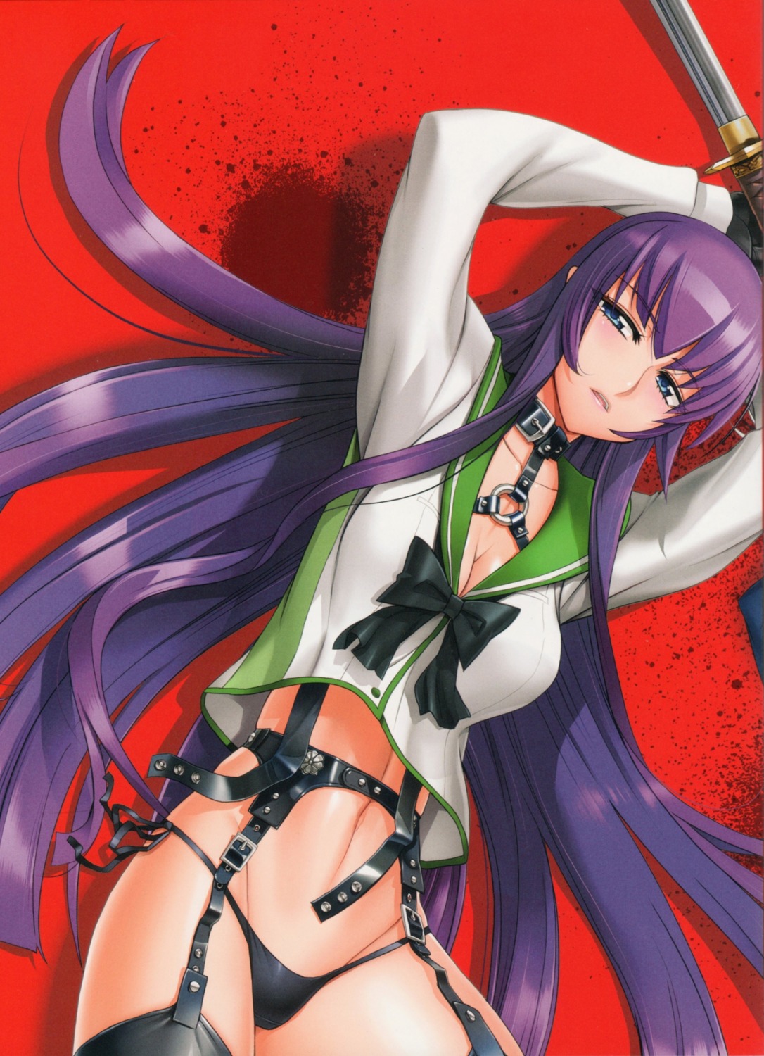 busujima_saeko cleavage garter_belt highschool_of_the_dead inazuma pantsu screening seifuku stockings string_panties sword thighhighs