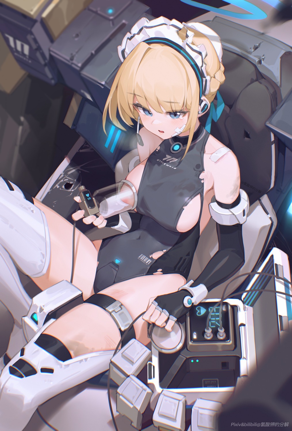 areola asuma_toki bilibili_xiaolu blue_archive garter halo headphones lactation leotard mecha no_bra thighhighs torn_clothes