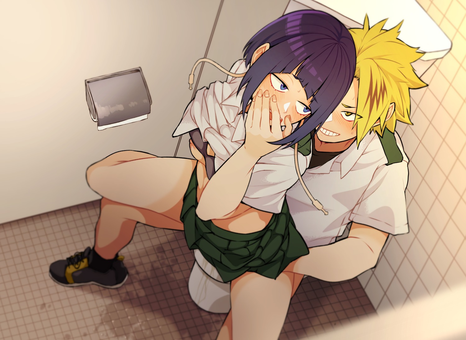 boku_no_hero_academia bra breasts jirou_kyouka kaminari_denki kobaji nipples seifuku sex shirt_lift skirt_lift