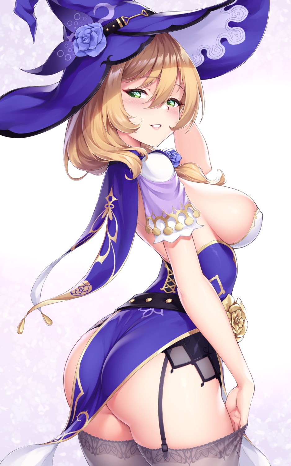 ass genshin_impact ivenglynn lisa_(genshin_impact) no_bra nopan stockings thighhighs witch