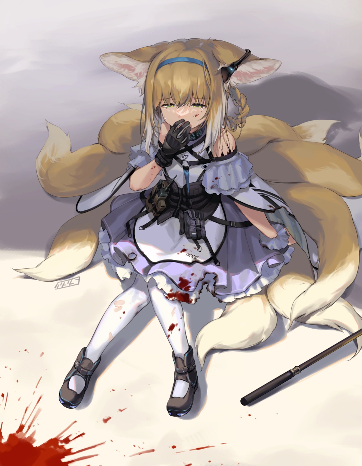 animal_ears arknights blood dress kitsune nys suzuran_(arknights) tail torn_clothes