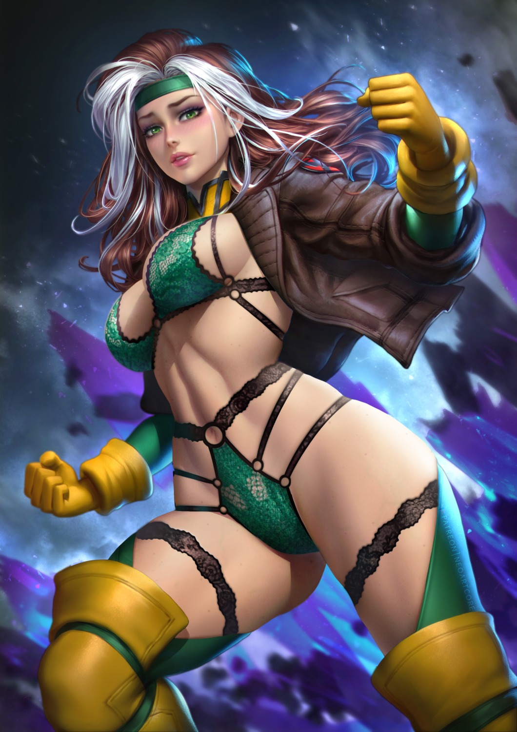 bra garter marvel nudtawut_thongmai open_shirt pantsu rogue_(x-men) thighhighs x-men