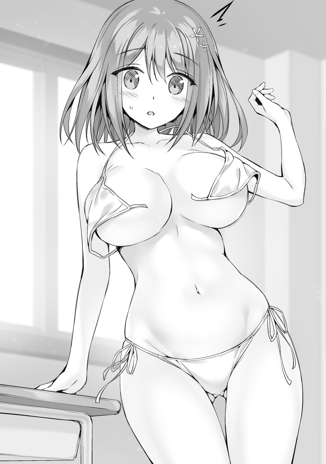 amanashi_nui bikini boku_no_kanojo_sensei monochrome oryou swimsuits wardrobe_malfunction