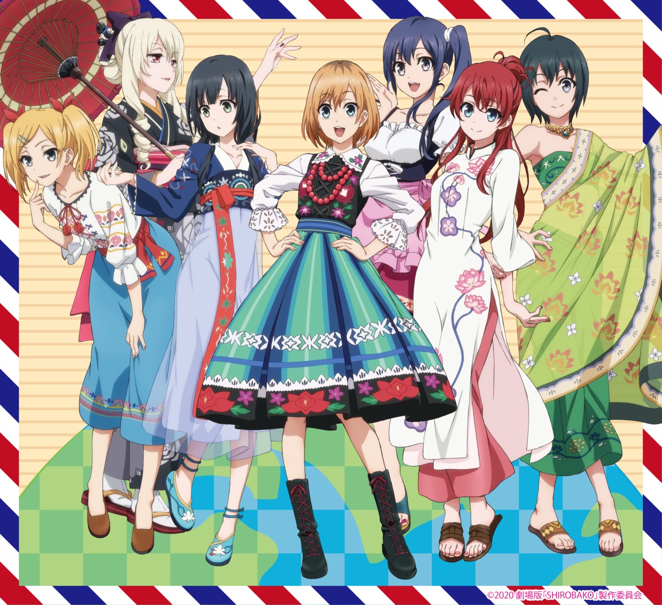 asian_clothes chinadress imai_midori kimono miyamori_aoi ogasawara_rinko sakaki_shizuka see_through shirobako toudou_misa umbrella yano_erika yasuhara_ema