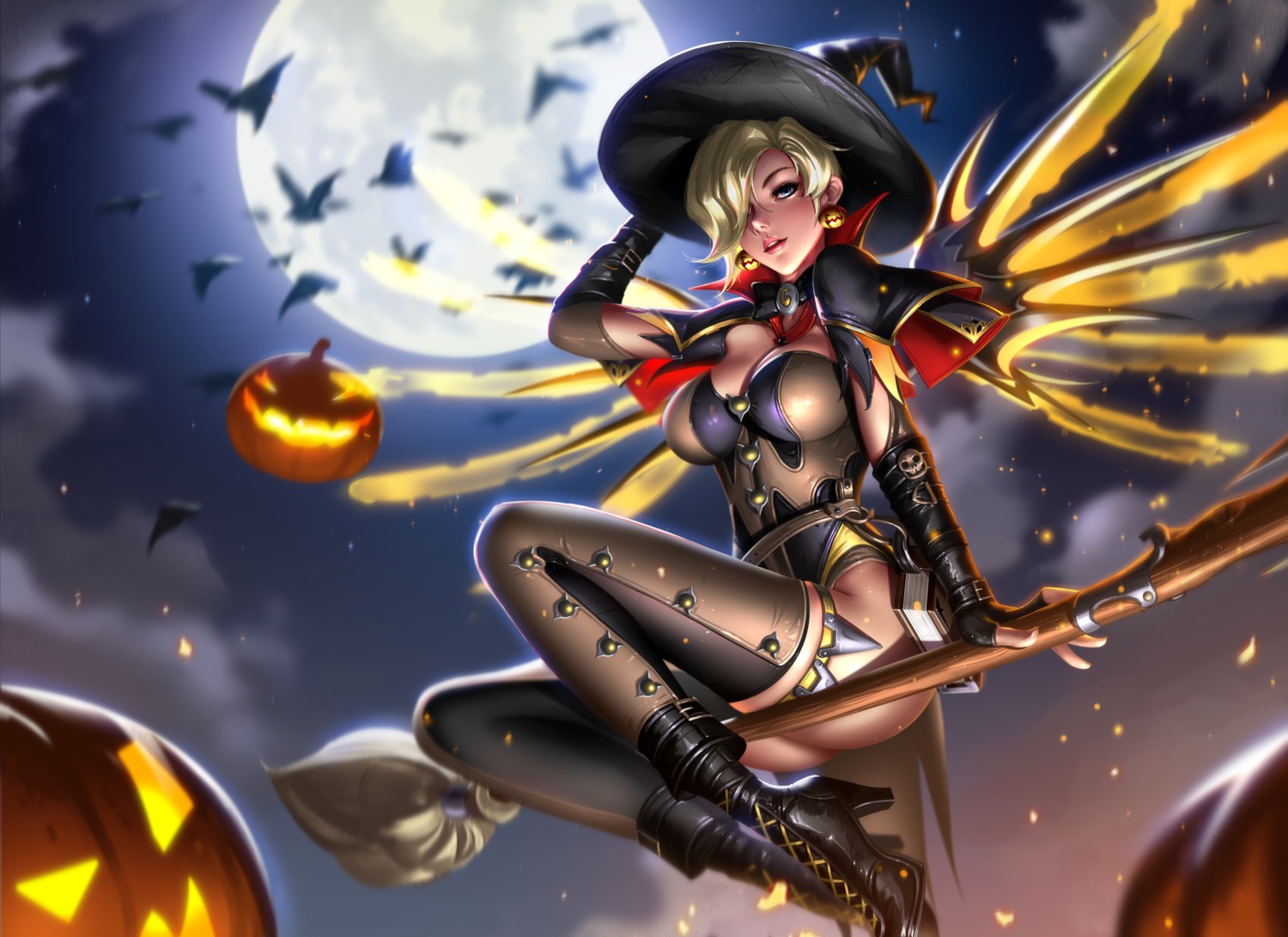 cleavage garter halloween heels liang_xing mercy_(overwatch) overwatch thighhighs wings witch