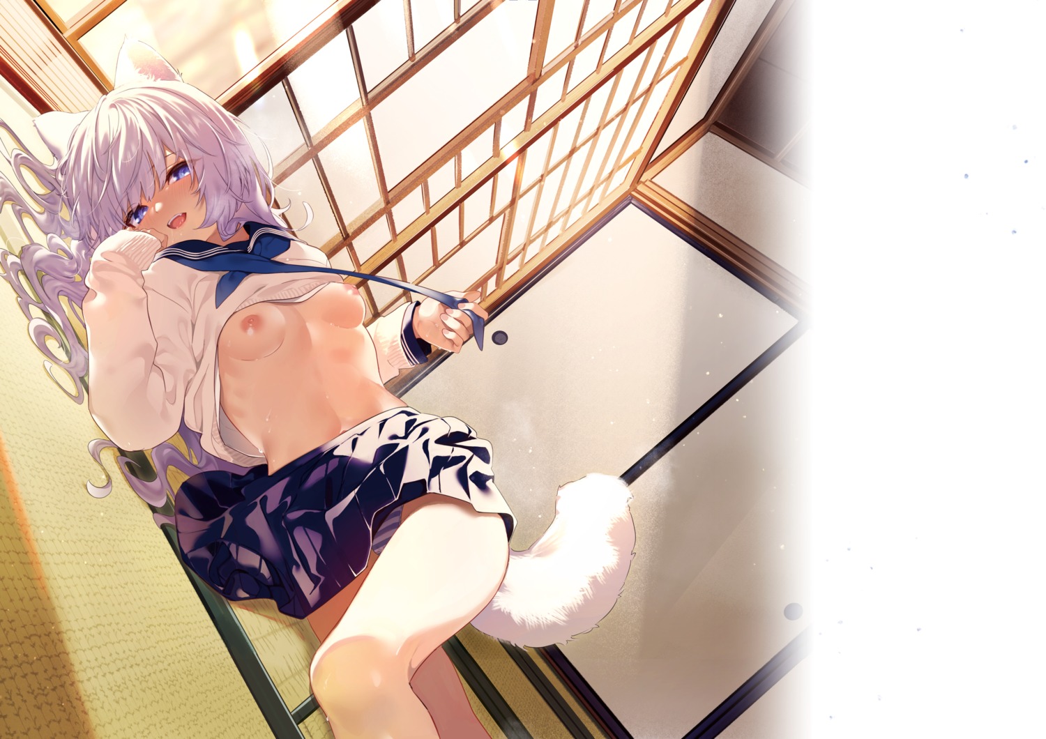 animal_ears breasts inumimi kise_itsuki nipples no_bra pantsu seifuku shimapan shirt_lift skirt_lift tail