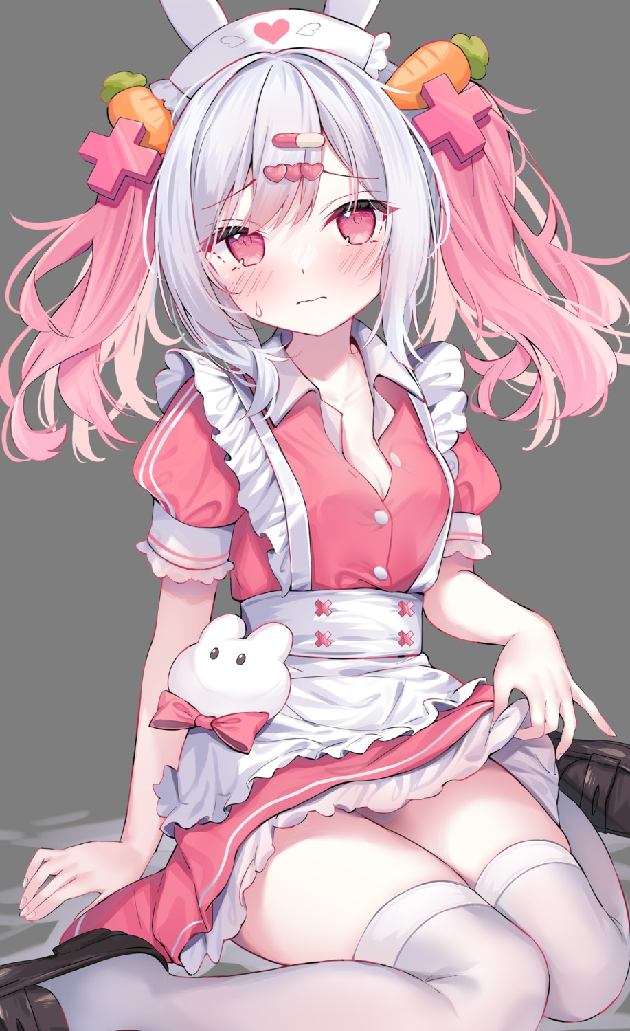 animal_ears bunny_ears cleavage leafpie_zaurus nurse open_shirt skirt_lift thighhighs transparent_png undressing