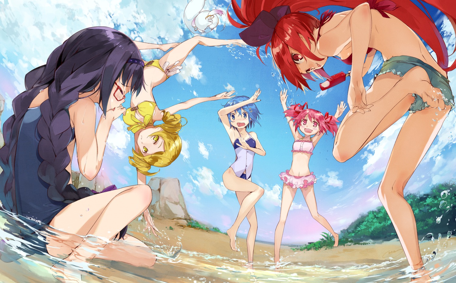 akemi_homura bikini g_yuusuke kaname_madoka kyubey megane miki_sayaka puella_magi_madoka_magica sakura_kyouko school_swimsuit swimsuits tomoe_mami