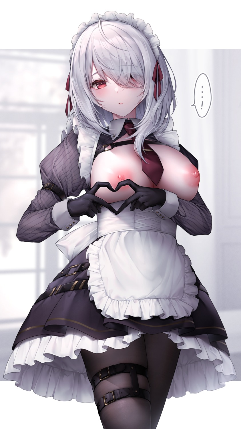 breasts garter lenne_(oyuwari) maid nipples no_bra open_shirt oyuwari pantyhose