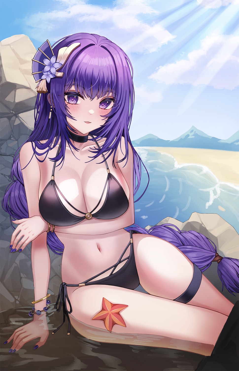 bikini breast_hold garter genshin_impact raiden_shogun seemu_(wnslqjdignv_) swimsuits wet