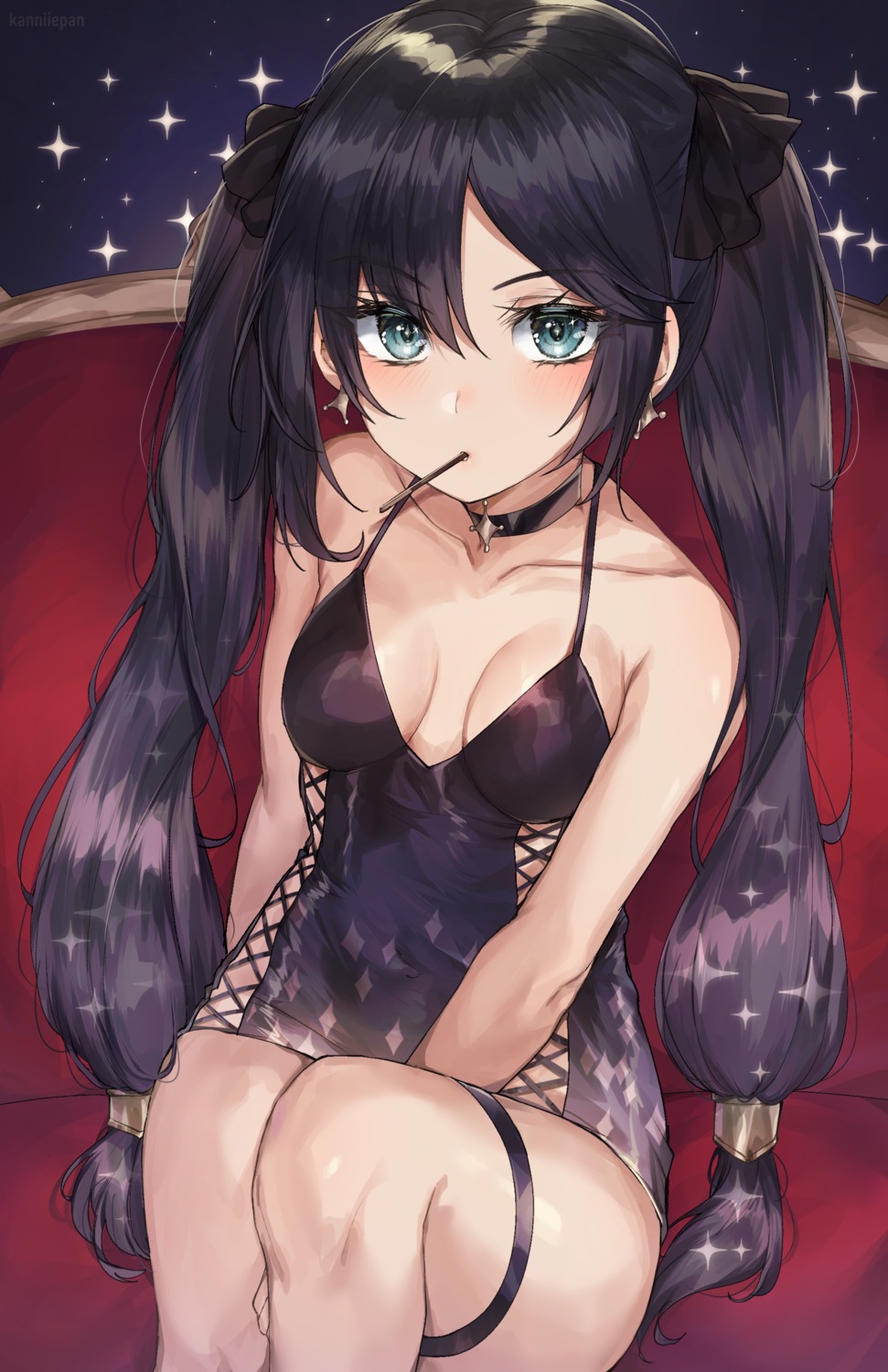 cleavage dress fishnets garter genshin_impact kanniiepan mona_megistus no_bra