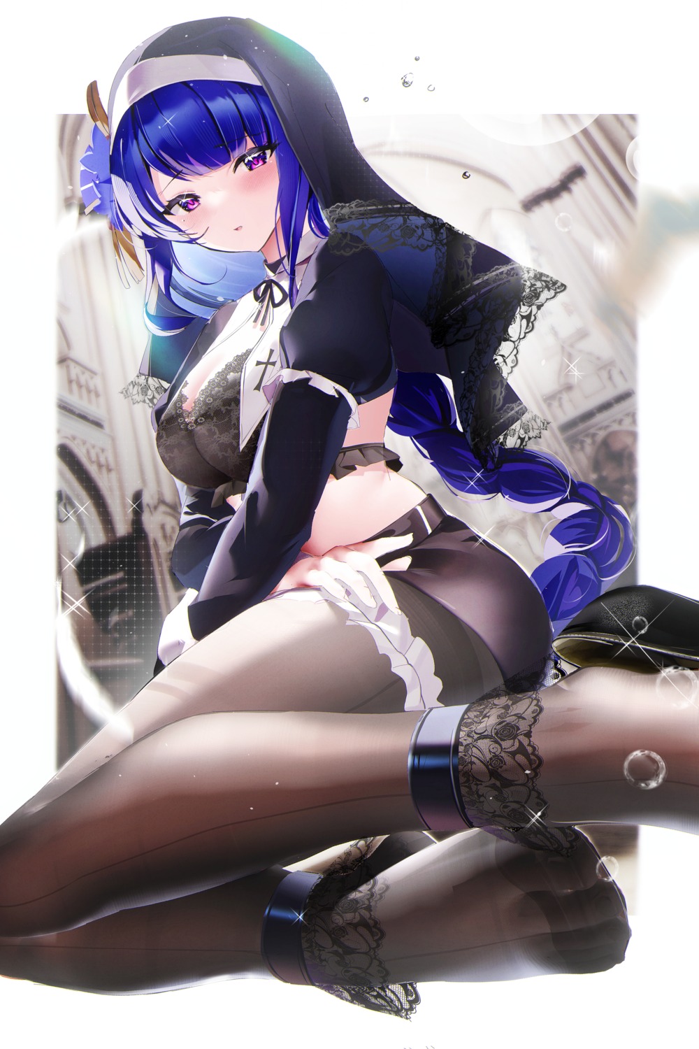 bra cleavage fantongjun feet garter genshin_impact nun pantyhose raiden_shogun