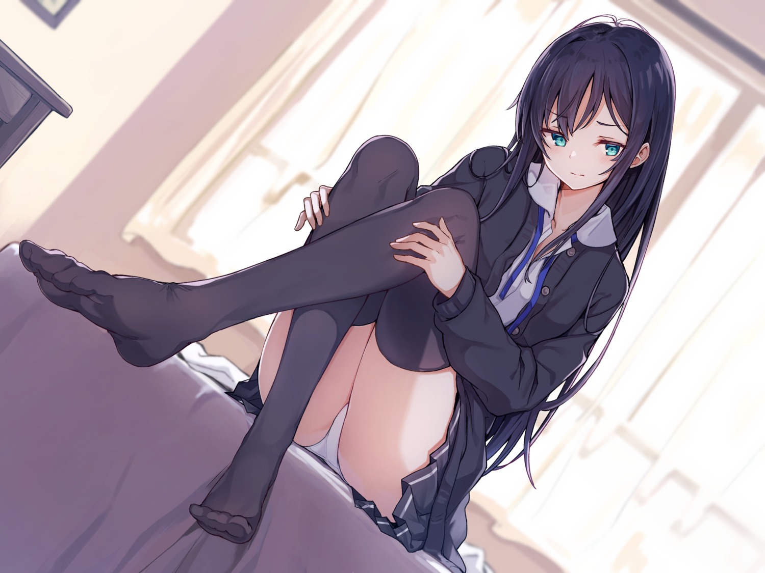 agehachou feet monobe_tsukuri pantsu seifuku skirt_lift sweater thighhighs